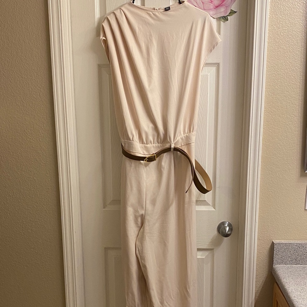 SHEIN Cream Cap-Sleeve Belted Jumpsuit with Brown Belt